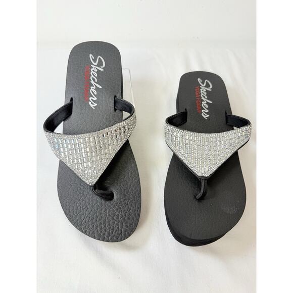 SKECHERS Yoga Foam Black & Silver Jeweled Rhinestone Flip Flop Sandals Size 10 - Picture 1 of 8